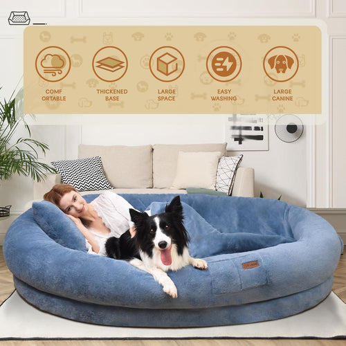 Cama Tamaño Humano para Perros y Adultos con Almohada y Cobija — Felpa Ortopédica Lavable y Removible para Mascotas Grandes