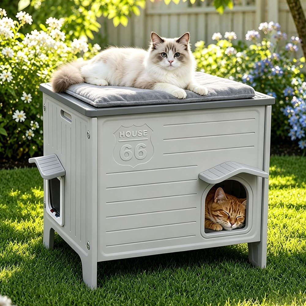 Rockever — Casa Exterior para Gatos con Aislamiento Térmico y Puerta de Escape, Refugio de Plástico para Interior y Exterior
