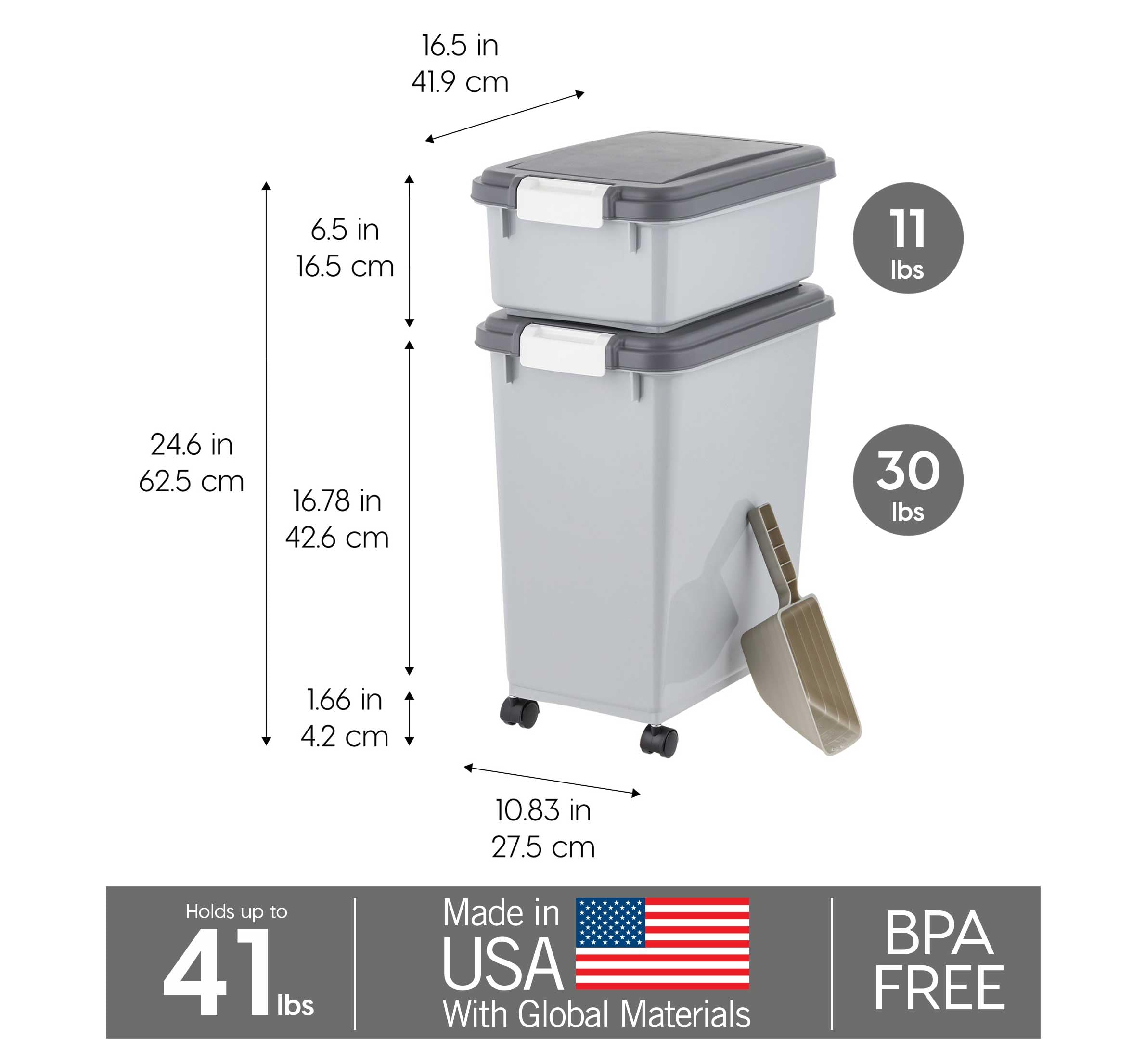 IRIS USA — Contenedor Hermético para Alimento de Perro y Gato, Combo 30 lbs y 11 lbs, Apilable con Ruedas y Taza Medidora de 2 Tazas