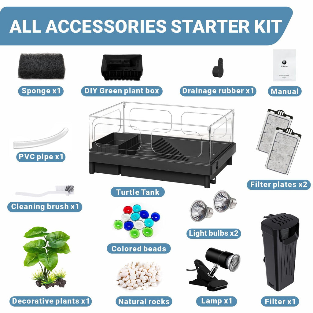GOZILLA — Kit Completo de Acuario para Tortuga con Lámpara UVA/UVB y Filtro — Starter Kit para Reptiles Pequeños
