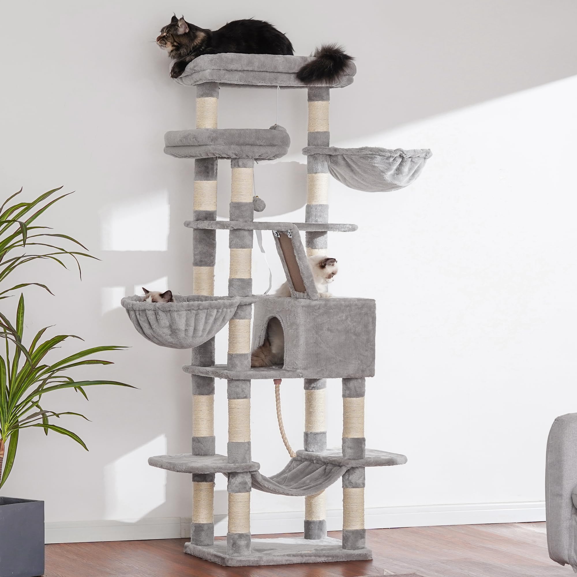 Heybly Torre para Gatos Grandes — Árbol Multinivel con Perchas Anchas, Cueva y Tablero Rascador para Gatos de hasta 9 kg