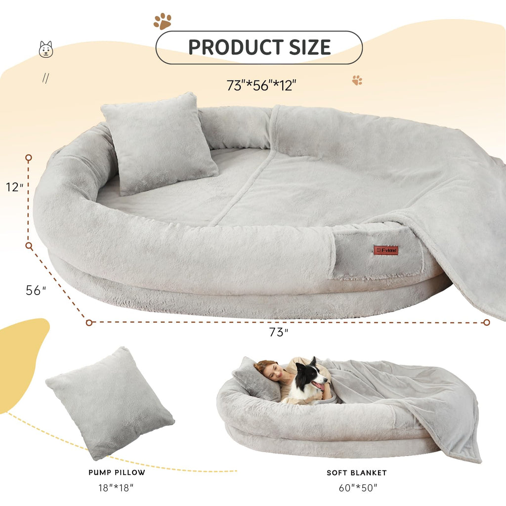 Cama Tamaño Humano para Perros y Adultos con Almohada y Cobija — Felpa Ortopédica Lavable y Removible para Mascotas Grandes