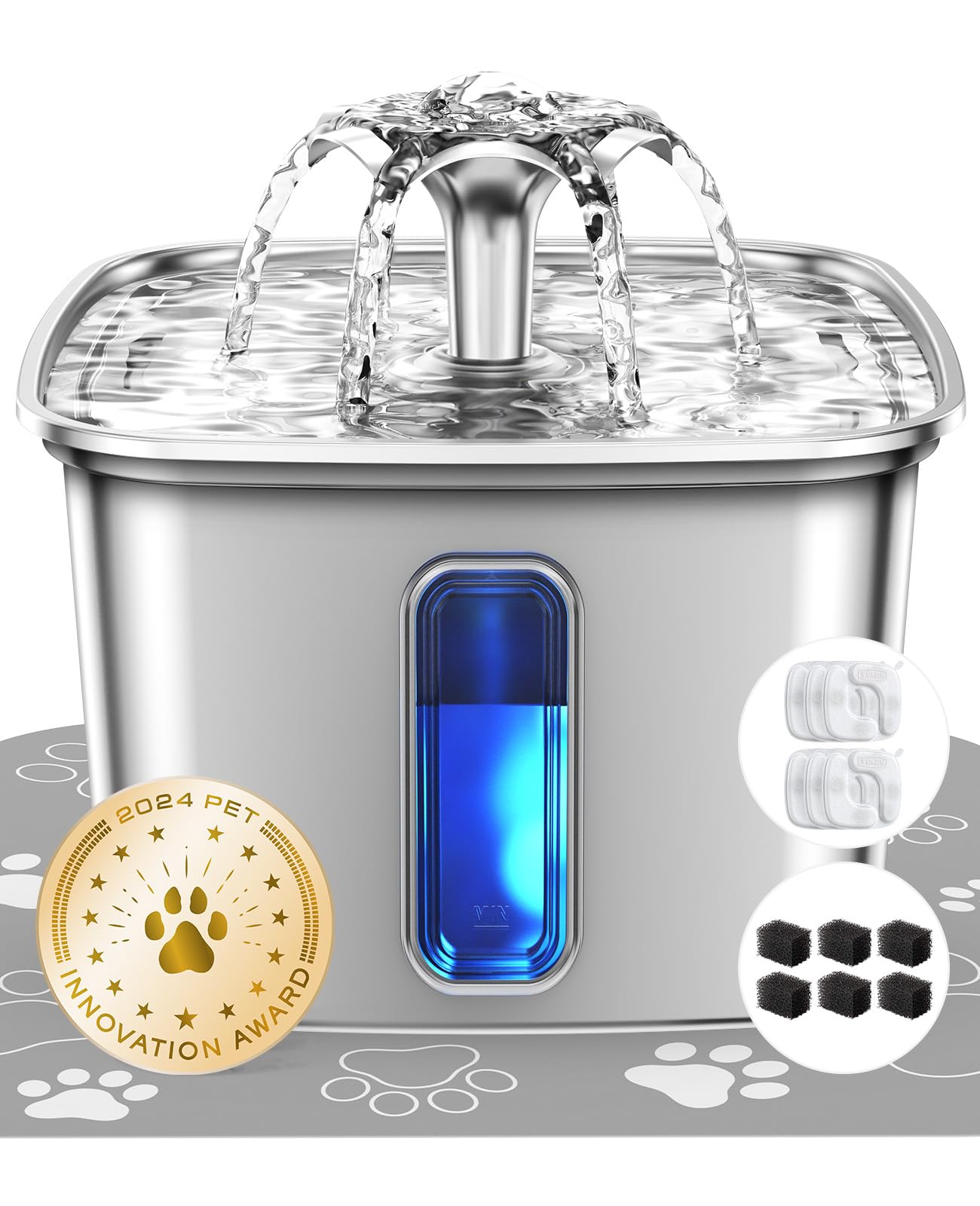 Veken — Fuente de Agua para Mascotas en Acero Inoxidable con Filtros de Repuesto y Tapete de Silicona para Gatos y Perros