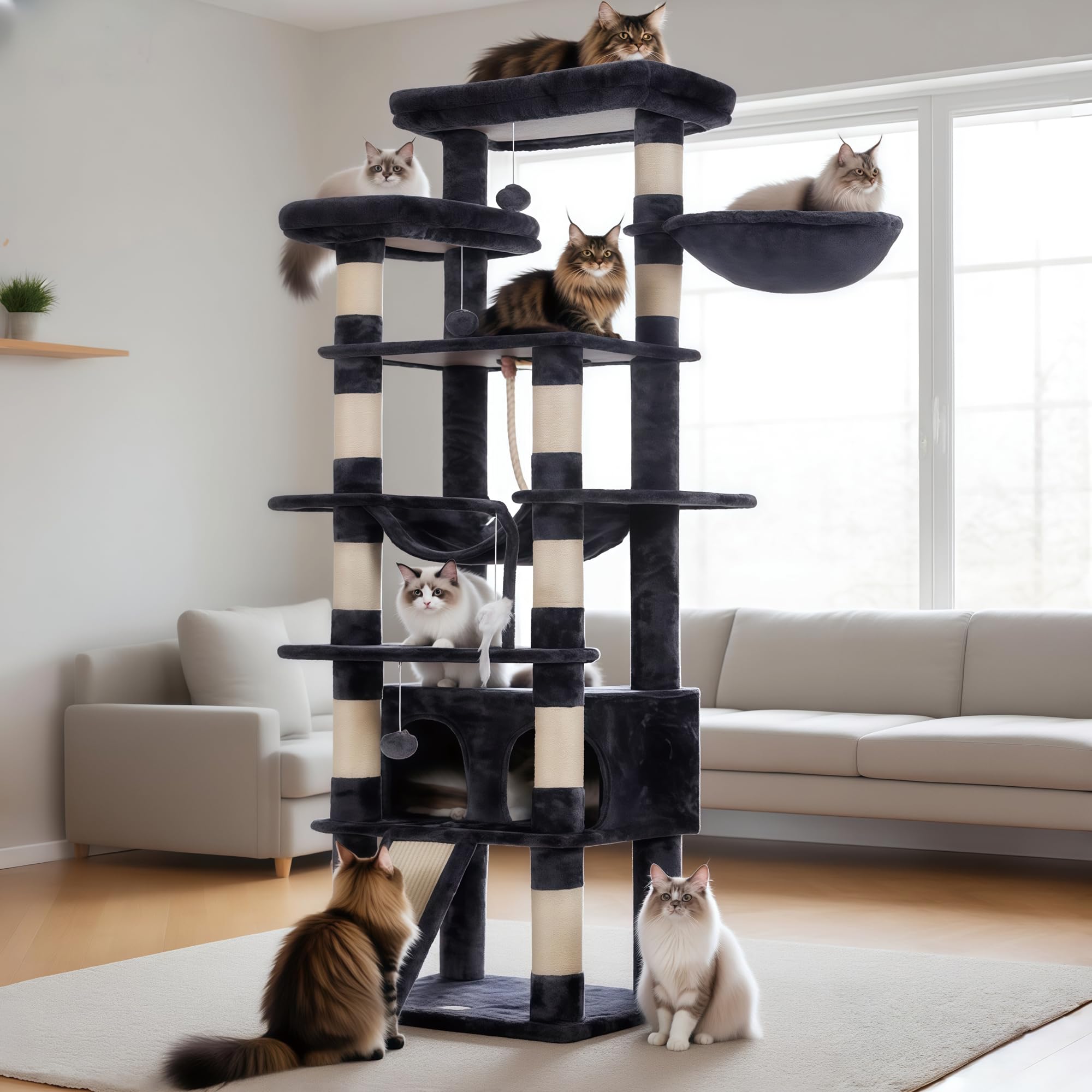 Heybly Torre para Gatos Grandes — Árbol Multinivel con Perchas Anchas, Cueva y Tablero Rascador para Gatos de hasta 9 kg