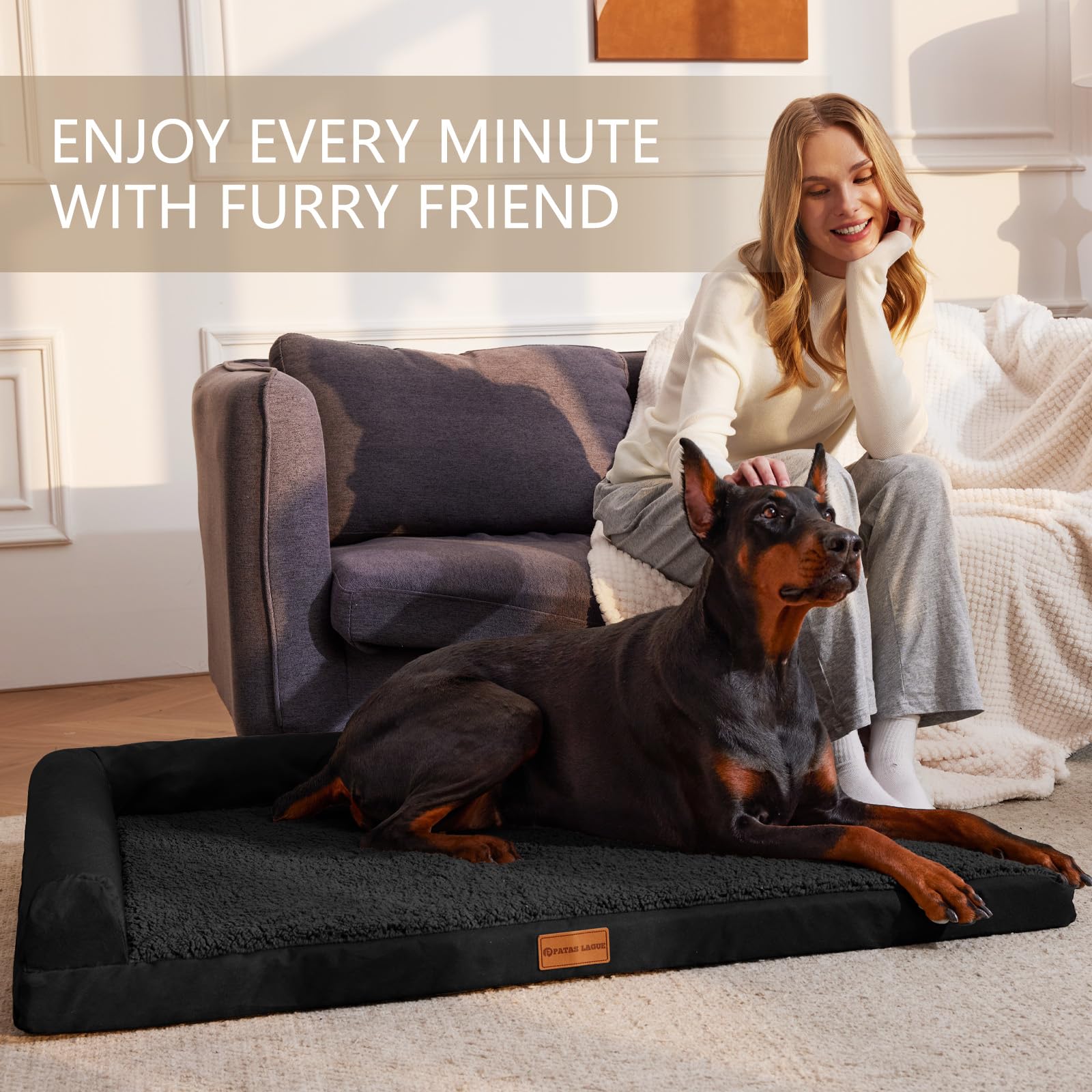 Patas Lague — Cama Ortopédica con Bolster en L y Cubierta Lavable Impermeable para Perro