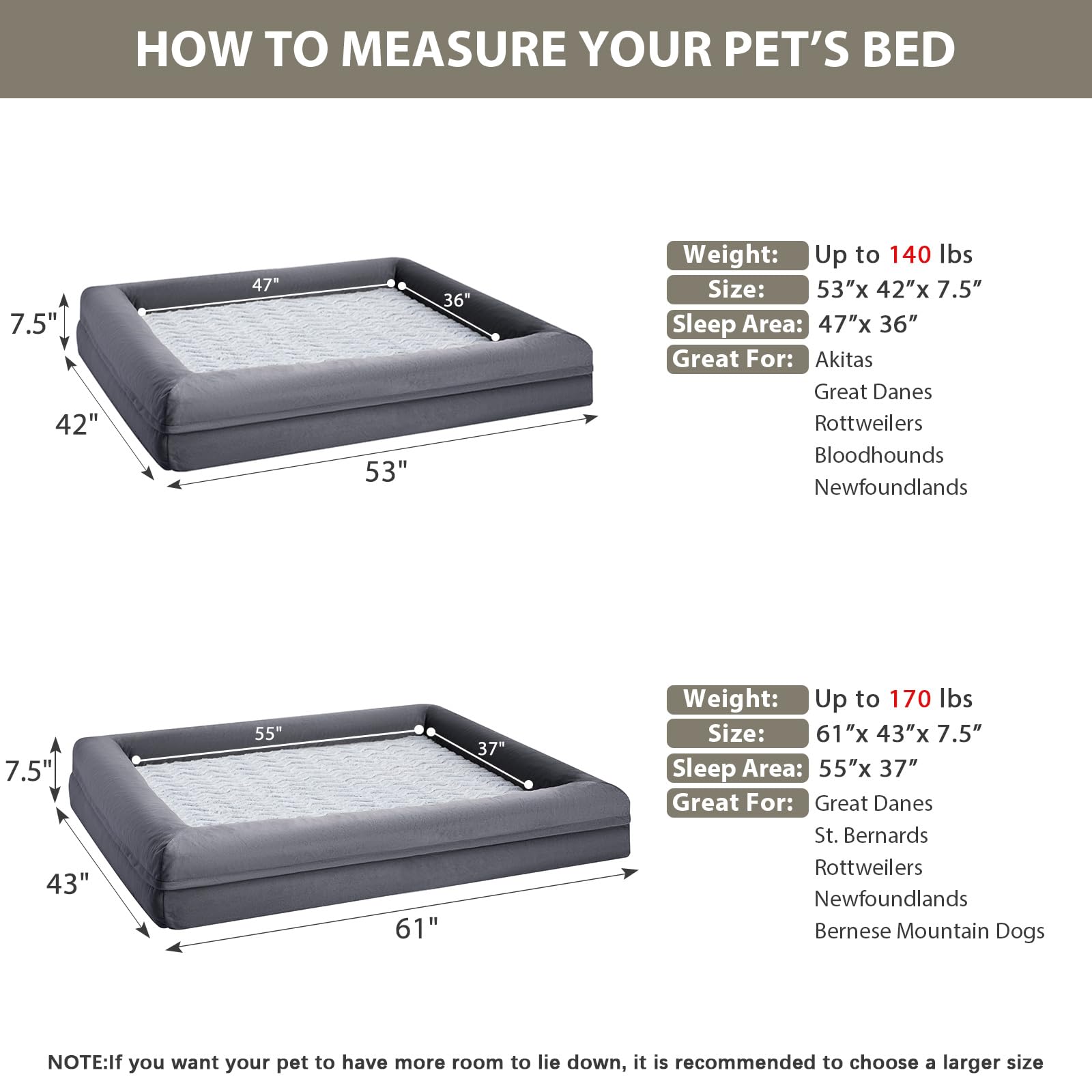 WNPETHOME — Cama Ortopédica Sofá para Perro XL con Cubierta Extraíble Impermeable y Bordes Acolchados