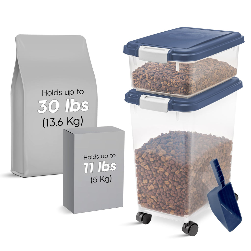 IRIS USA — Contenedor Hermético para Alimento de Perro y Gato, Combo 30 lbs y 11 lbs, Apilable con Ruedas y Taza Medidora de 2 Tazas