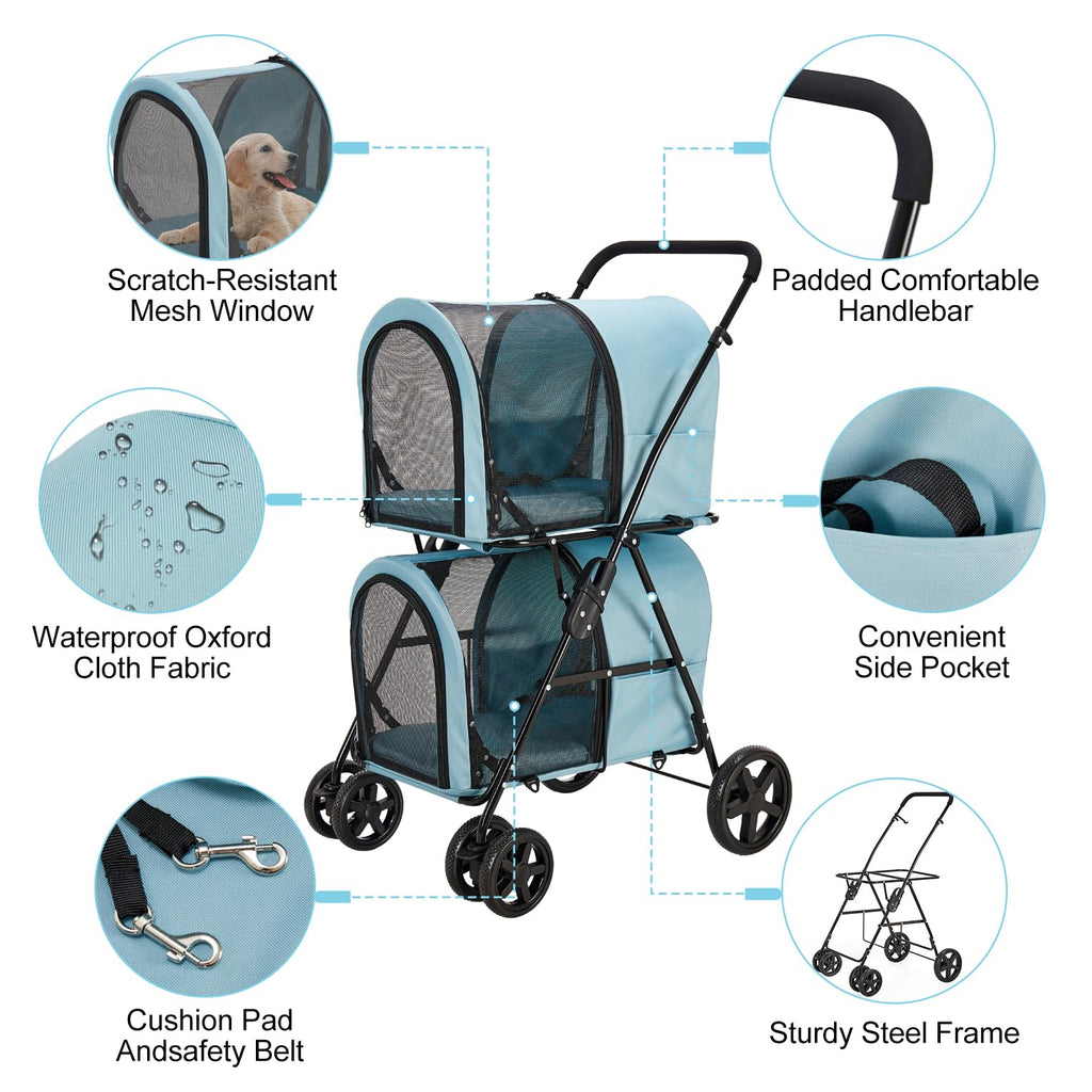 LPOTIUS Carriola Doble para Perros y Gatos con 2 Transportadoras Desmontables — Carreola Plegable con 4 Ruedas para Mascotas Pequeñas y Medianas