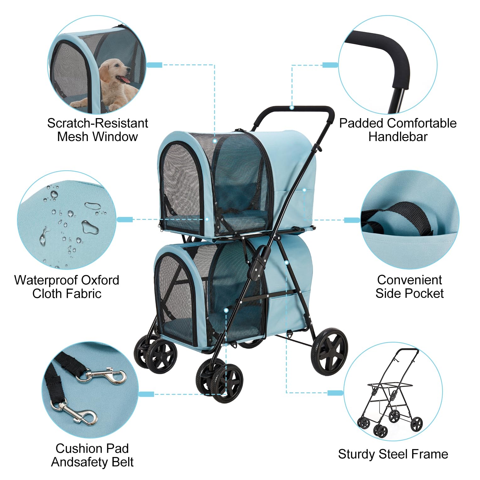 LPOTIUS Carriola Doble para Perros y Gatos con 2 Transportadoras Desmontables — Carreola Plegable con 4 Ruedas para Mascotas Pequeñas y Medianas