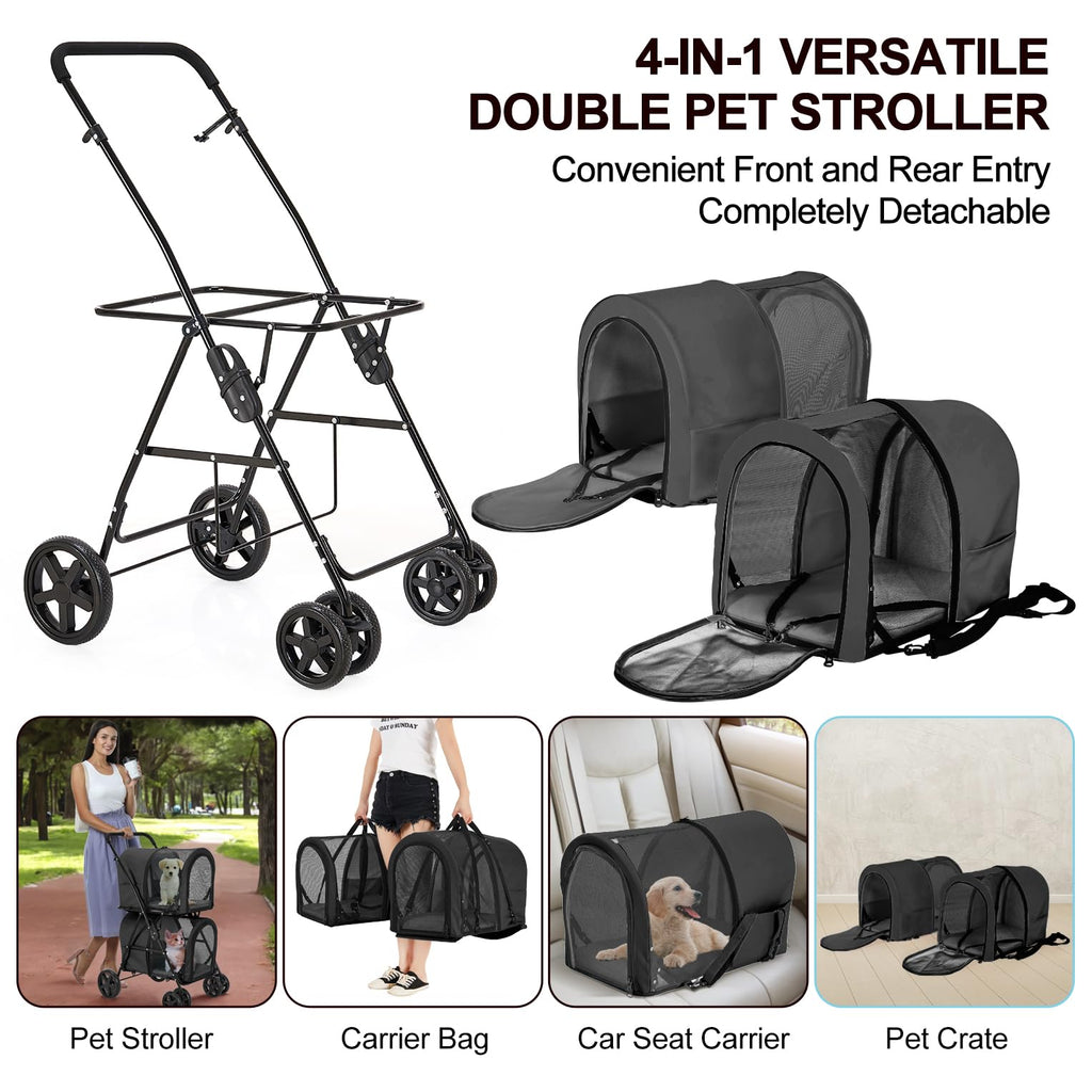 LPOTIUS Carriola Doble para Perros y Gatos con 2 Transportadoras Desmontables — Carreola Plegable con 4 Ruedas para Mascotas Pequeñas y Medianas