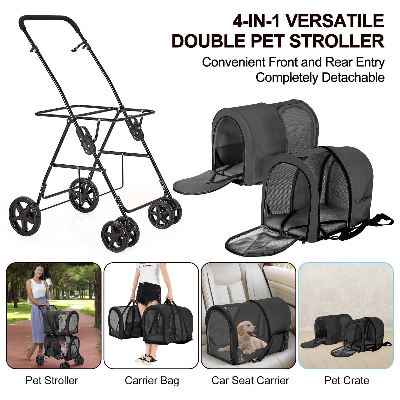 LPOTIUS Carriola Doble para Perros y Gatos con 2 Transportadoras Desmontables — Carreola Plegable con 4 Ruedas para Mascotas Pequeñas y Medianas