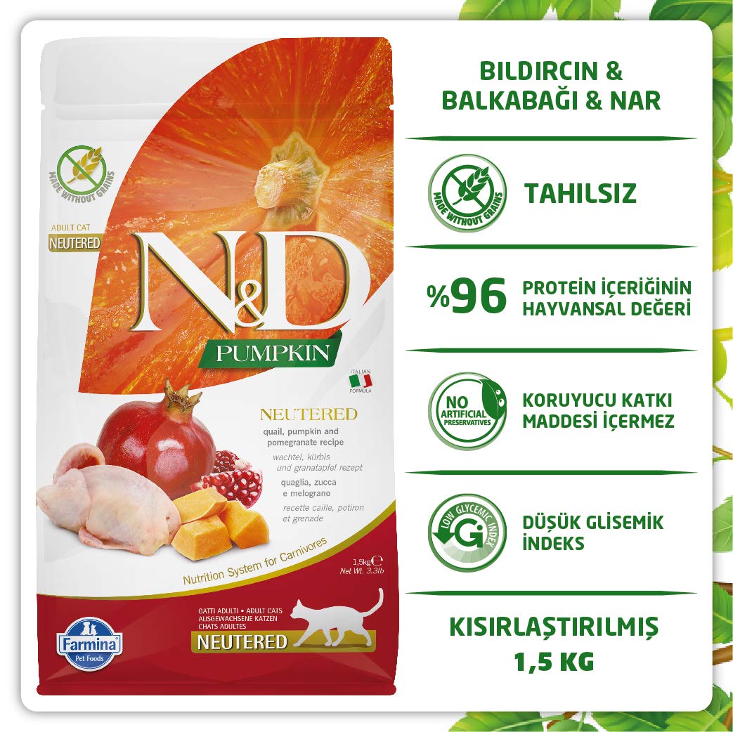 Farmina N&D Pumpkin — Alimento para Gatos Esterilizados con Codorniz y Granada, Fórmula Bajo Índice Glucémico, Hecho en Italia
