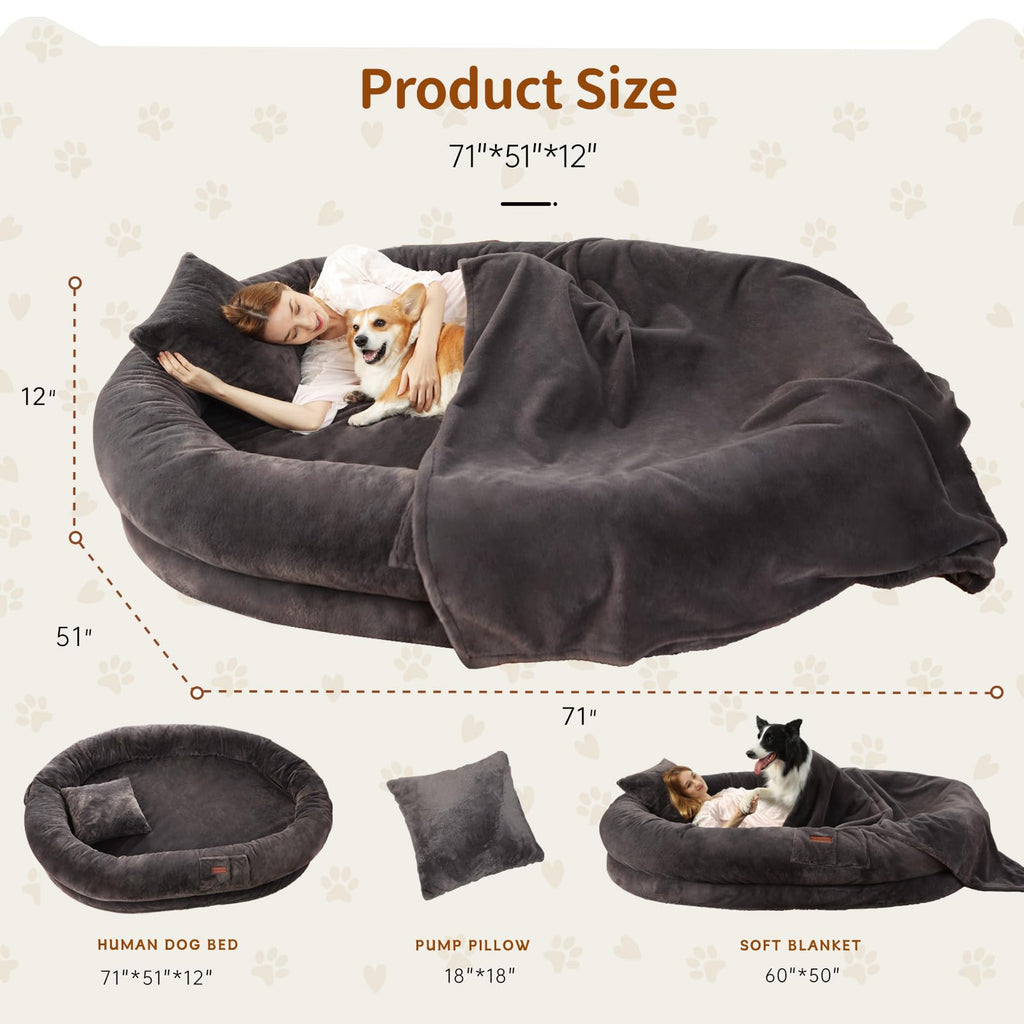 Cama Tamaño Humano para Perros y Adultos con Almohada y Cobija — Felpa Ortopédica Lavable y Removible para Mascotas Grandes