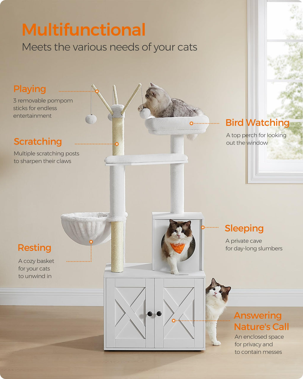 Feandrea Torre Rascador para Gato con Mueble para Arenero Integrado — Centro de Actividades 2 en 1 con Cojines Lavables y Postes de Sisal