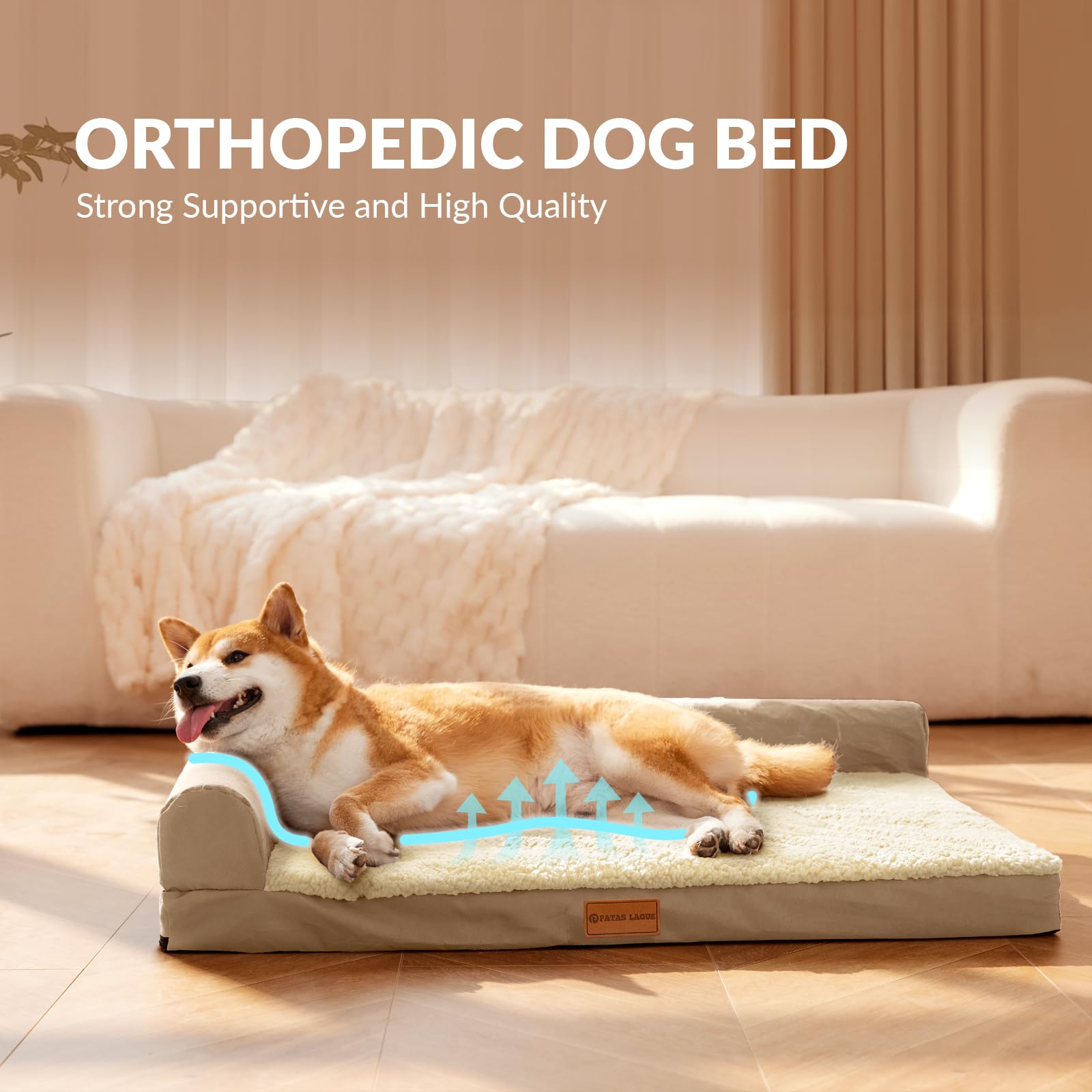Patas Lague — Cama Ortopédica con Bolster en L y Cubierta Lavable Impermeable para Perro