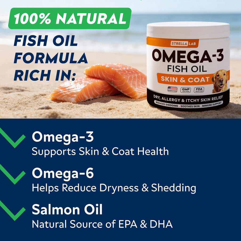 StrellaLab Fish Oil — Gomitas de Omega 3 para Perros con Alivio de Alergias, Comezón y Muda de Pelo
