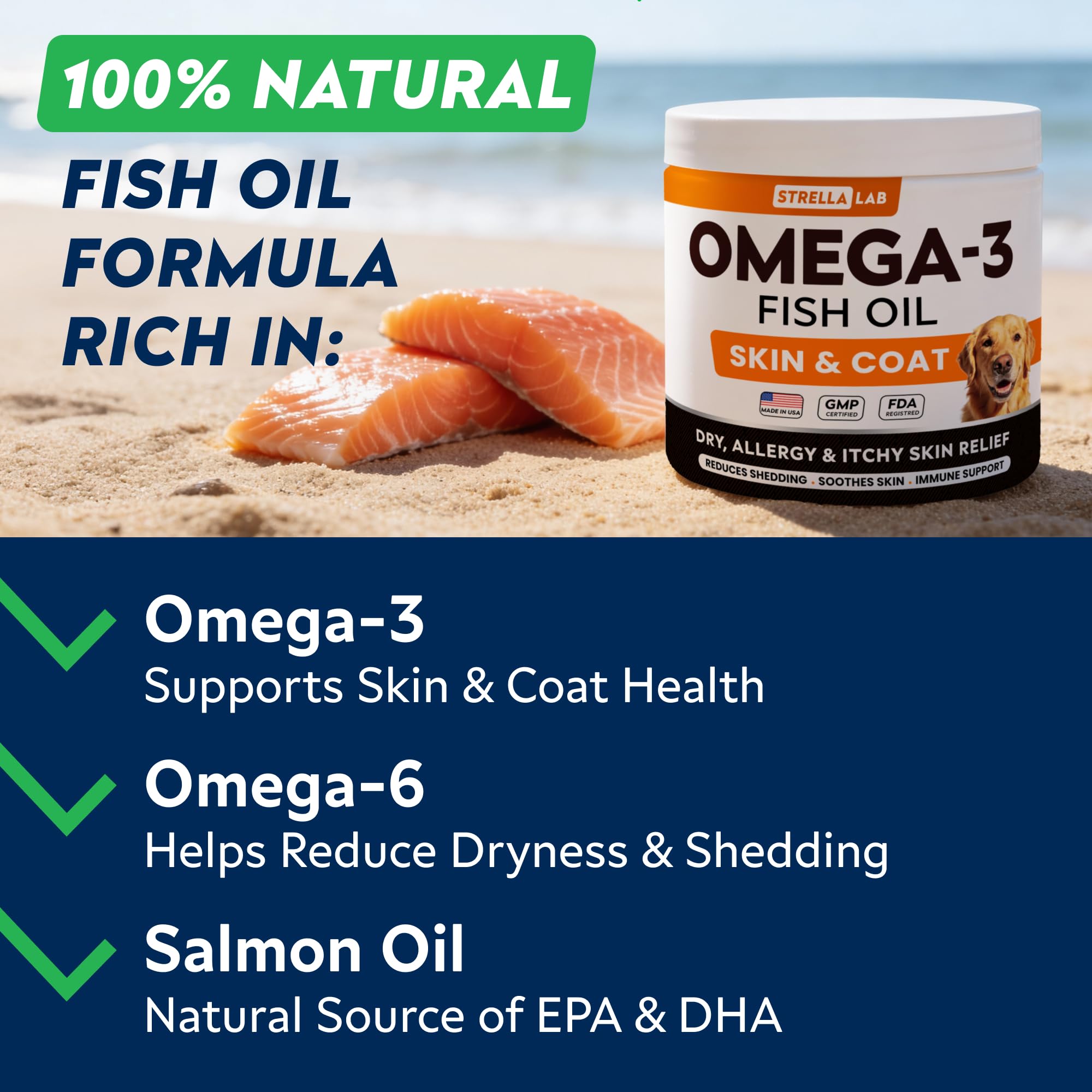 StrellaLab Fish Oil — Gomitas de Omega 3 para Perros con Alivio de Alergias, Comezón y Muda de Pelo