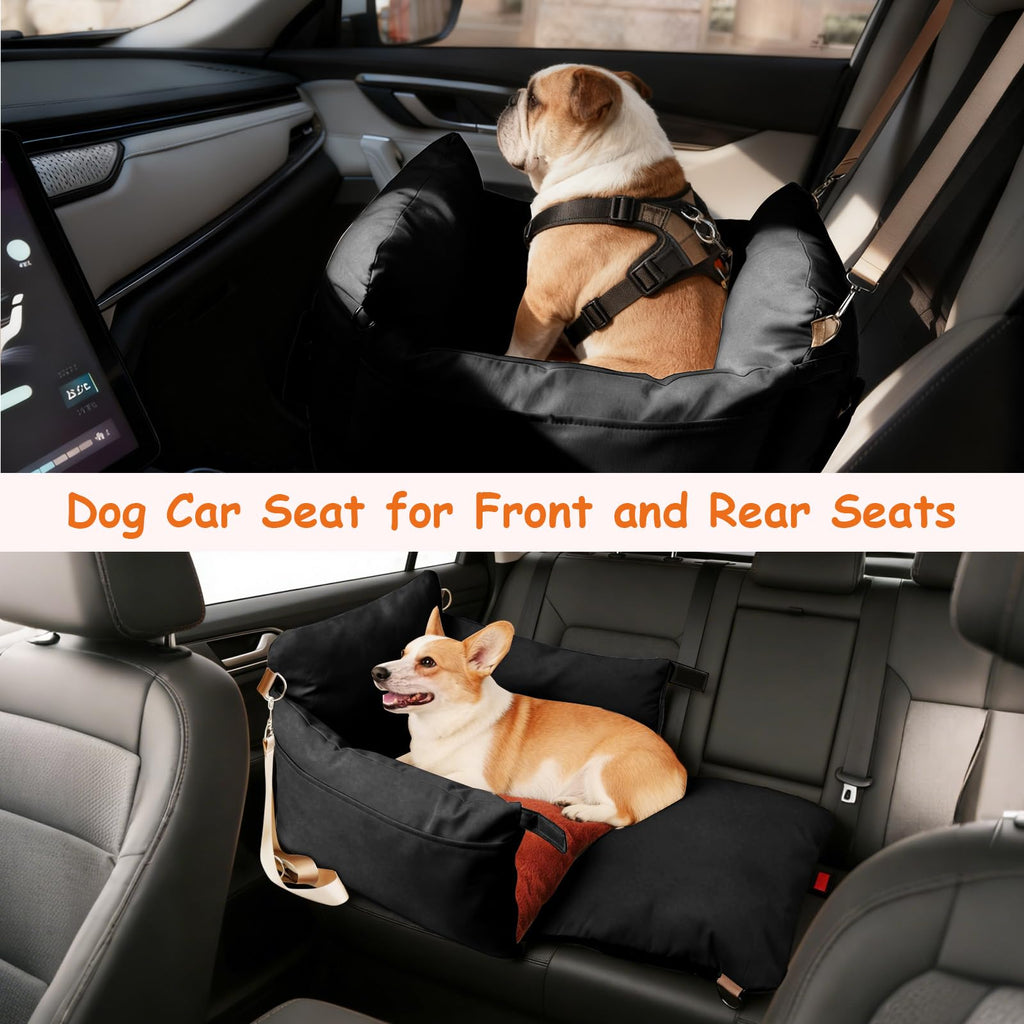 Asiento Elevador para Perros y Gatos Pequeños — Tapete de Viaje con Correa de Seguridad, Bolsillo Lateral y Relleno de Espuma para Auto