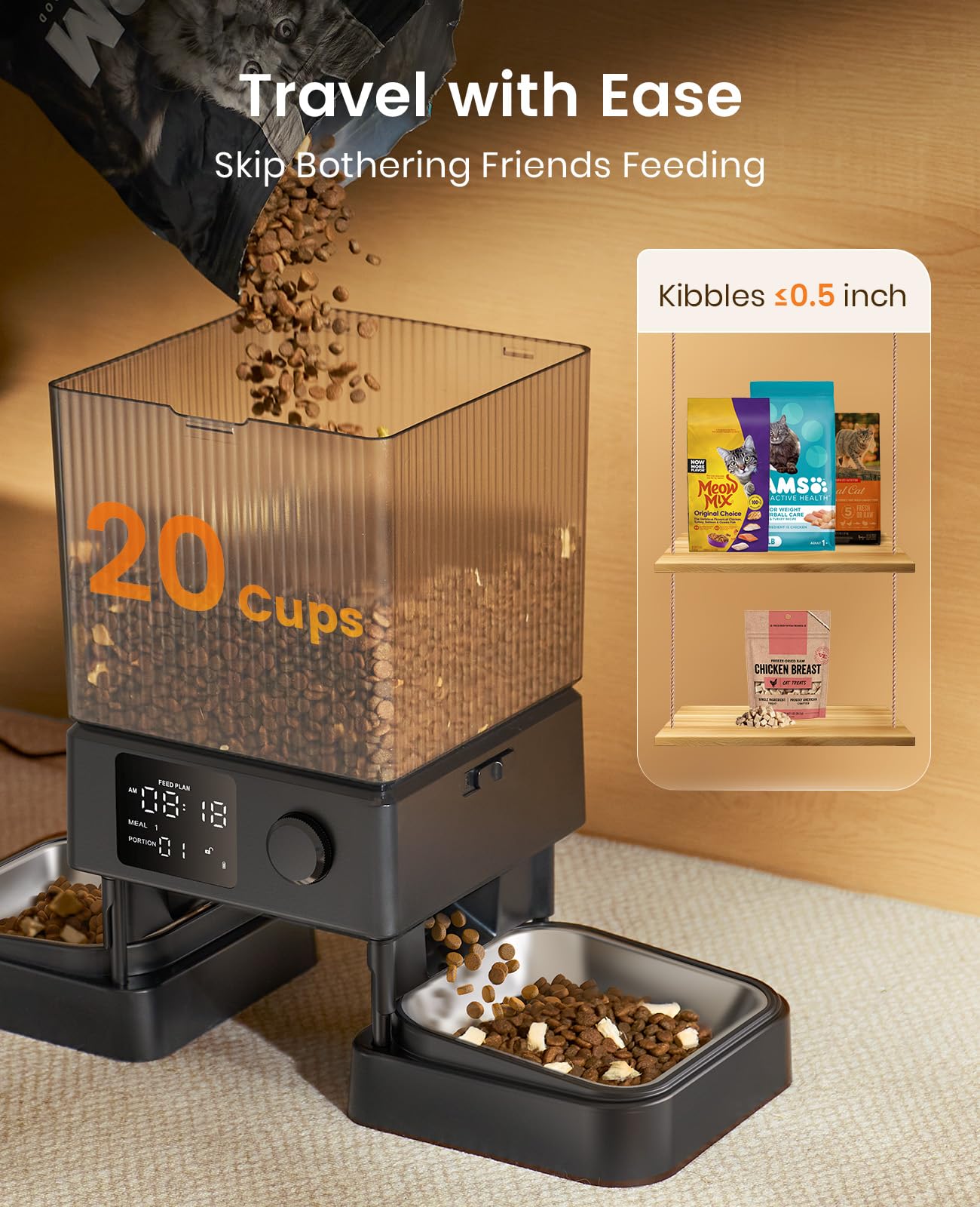 Oneisall — Comedero Automático para 2 Gatos y Mascotas Pequeñas con Dispensador de Alimento de 5L / 20 Tazas