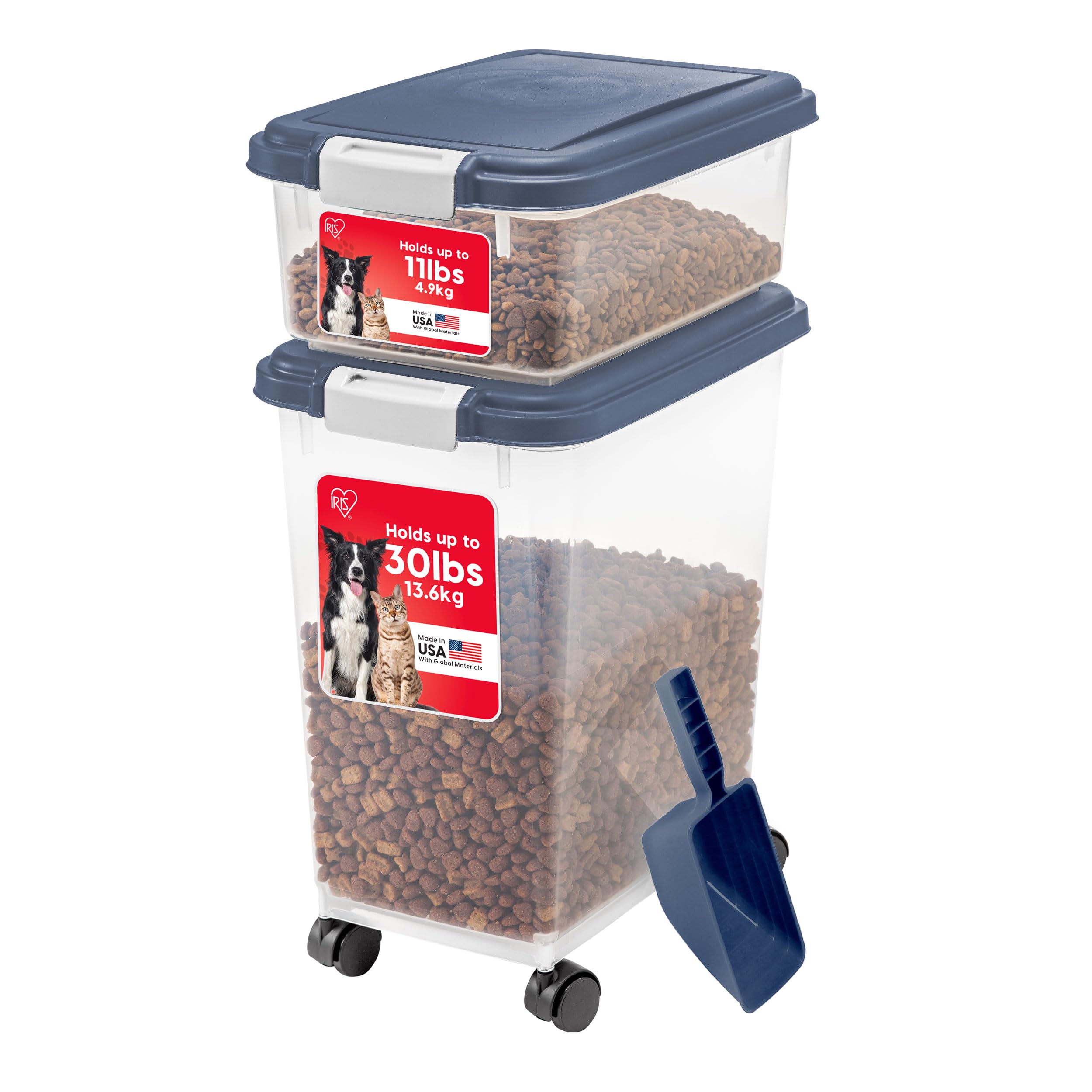 IRIS USA — Contenedor Hermético para Alimento de Perro y Gato, Combo 30 lbs y 11 lbs, Apilable con Ruedas y Taza Medidora de 2 Tazas