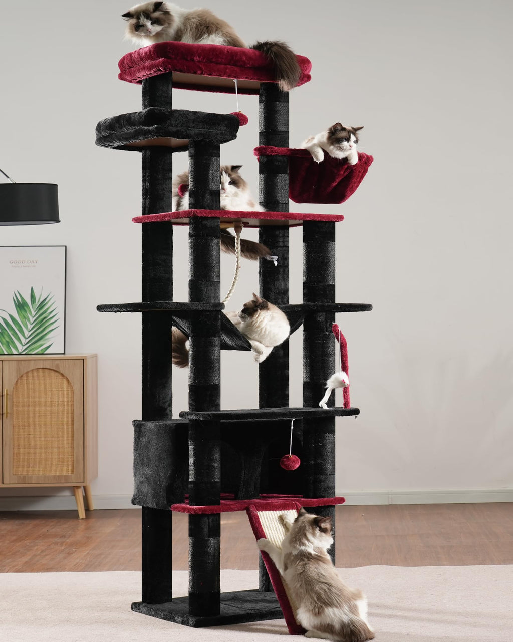 Heybly Torre para Gatos Grandes — Árbol Multinivel con Perchas Anchas, Cueva y Tablero Rascador para Gatos de hasta 9 kg