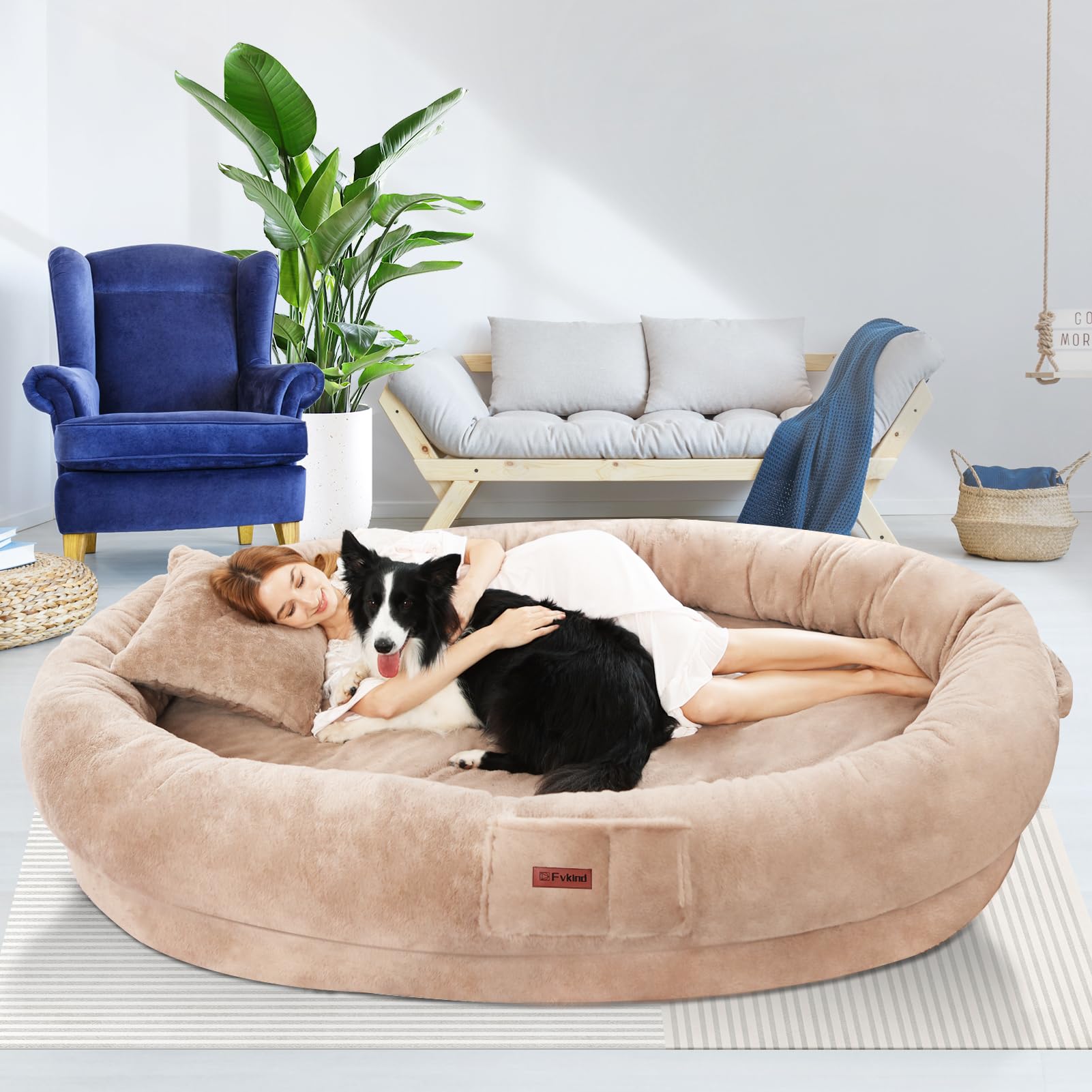 Cama Tamaño Humano para Perros y Adultos con Almohada y Cobija — Felpa Ortopédica Lavable y Removible para Mascotas Grandes