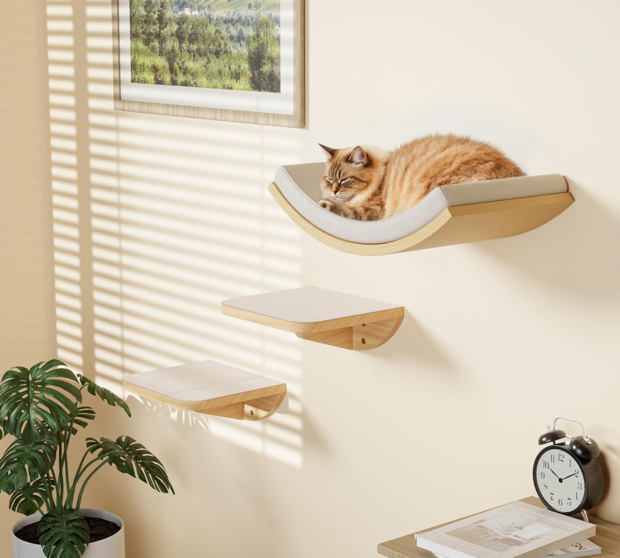 PELUO Curved — Cama Flotante para Gato con 2 Escalones de Pared y Percha de Ventana