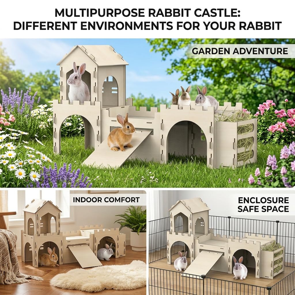 Casa y Guarida para Conejos — Castillo de Madera de Dos Pisos con Escalera, Sin Ligas de Hule, Resistente a Mordidas, Hábitat Seguro para Cobayo, Chinchilla y Hurón