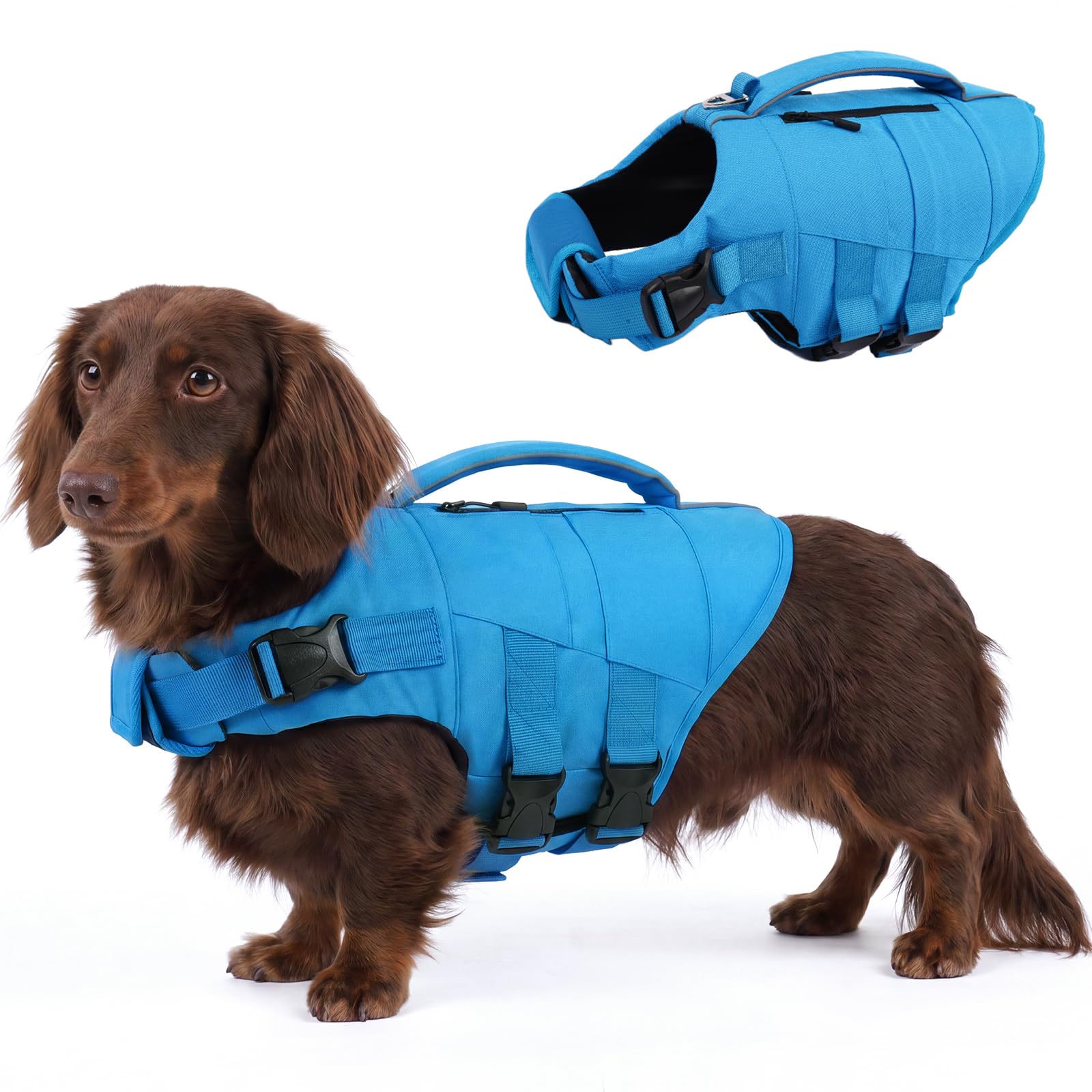 Kuoser — Chaleco Salvavidas con Alta Flotación, Tiras Reflectantes y Asa de Rescate para Perros