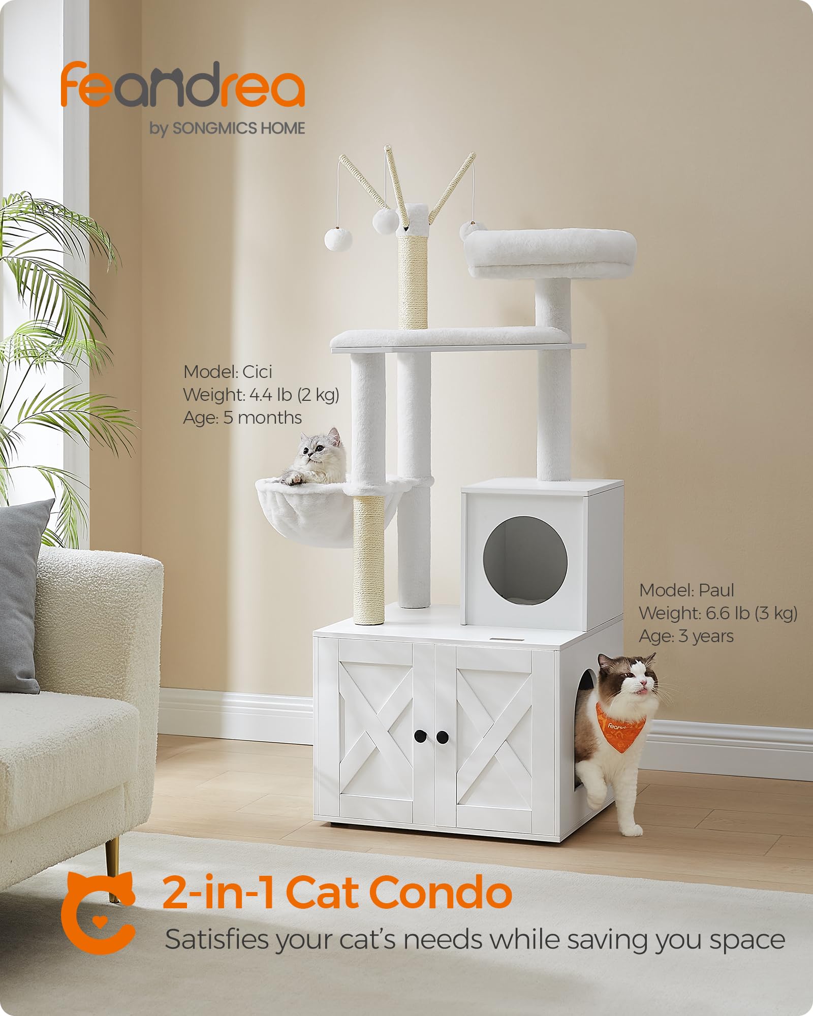 Feandrea Torre Rascador para Gato con Mueble para Arenero Integrado — Centro de Actividades 2 en 1 con Cojines Lavables y Postes de Sisal
