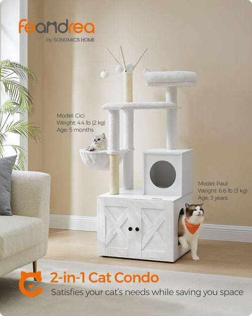 Feandrea Torre Rascador para Gato con Mueble para Arenero Integrado — Centro de Actividades 2 en 1 con Cojines Lavables y Postes de Sisal