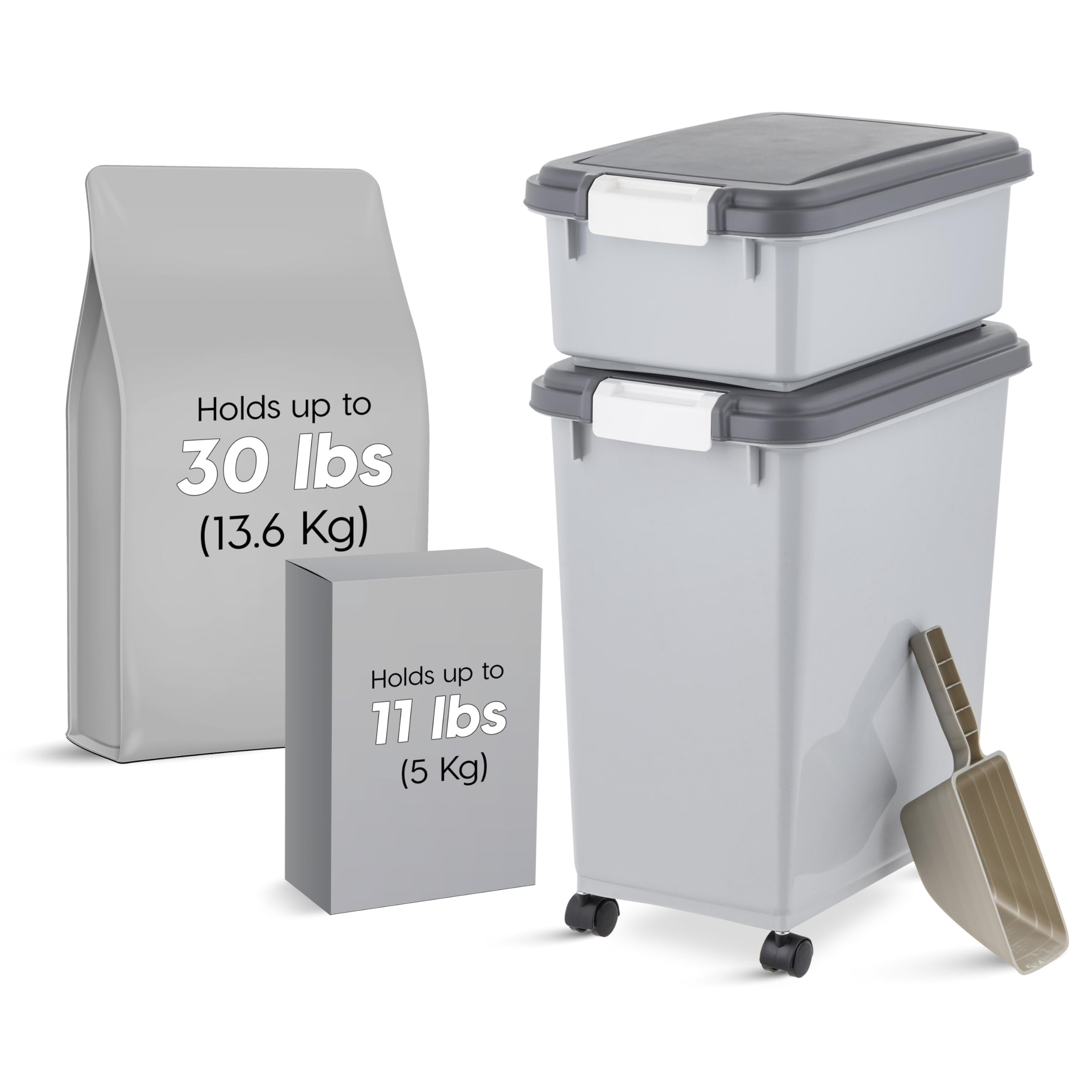 IRIS USA — Contenedor Hermético para Alimento de Perro y Gato, Combo 30 lbs y 11 lbs, Apilable con Ruedas y Taza Medidora de 2 Tazas