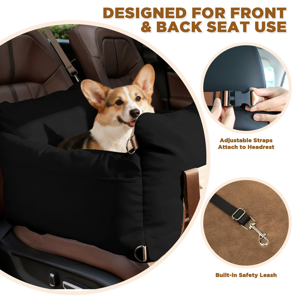 Asiento Elevador para Perros y Gatos Pequeños — Tapete de Viaje con Correa de Seguridad, Bolsillo Lateral y Relleno de Espuma para Auto