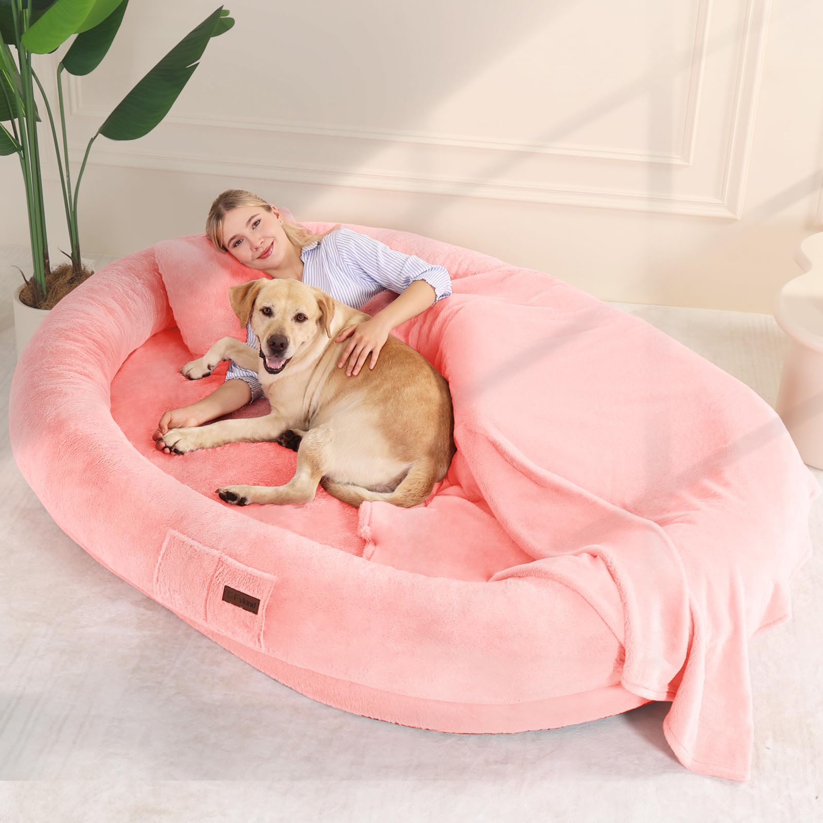 Cama Tamaño Humano para Perros y Adultos con Almohada y Cobija — Felpa Ortopédica Lavable y Removible para Mascotas Grandes