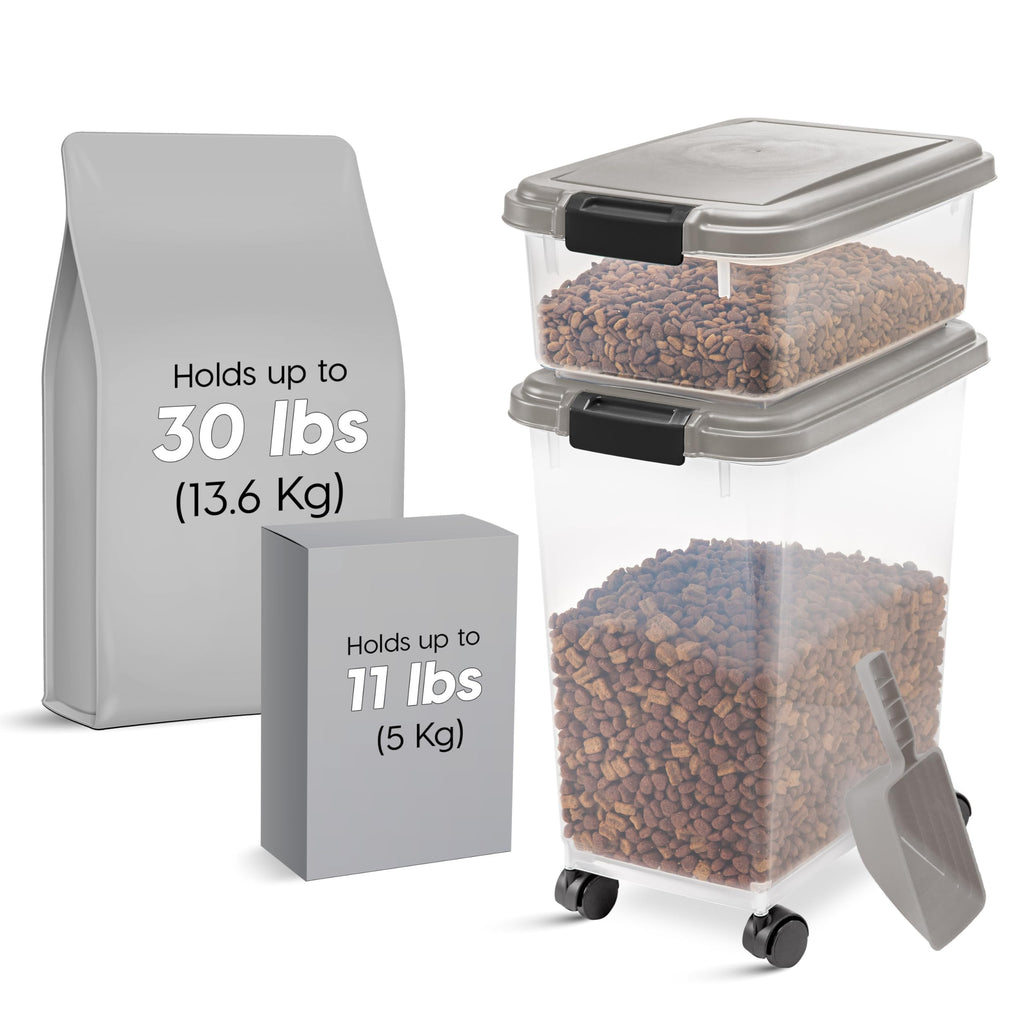 IRIS USA — Contenedor Hermético para Alimento de Perro y Gato, Combo 30 lbs y 11 lbs, Apilable con Ruedas y Taza Medidora de 2 Tazas
