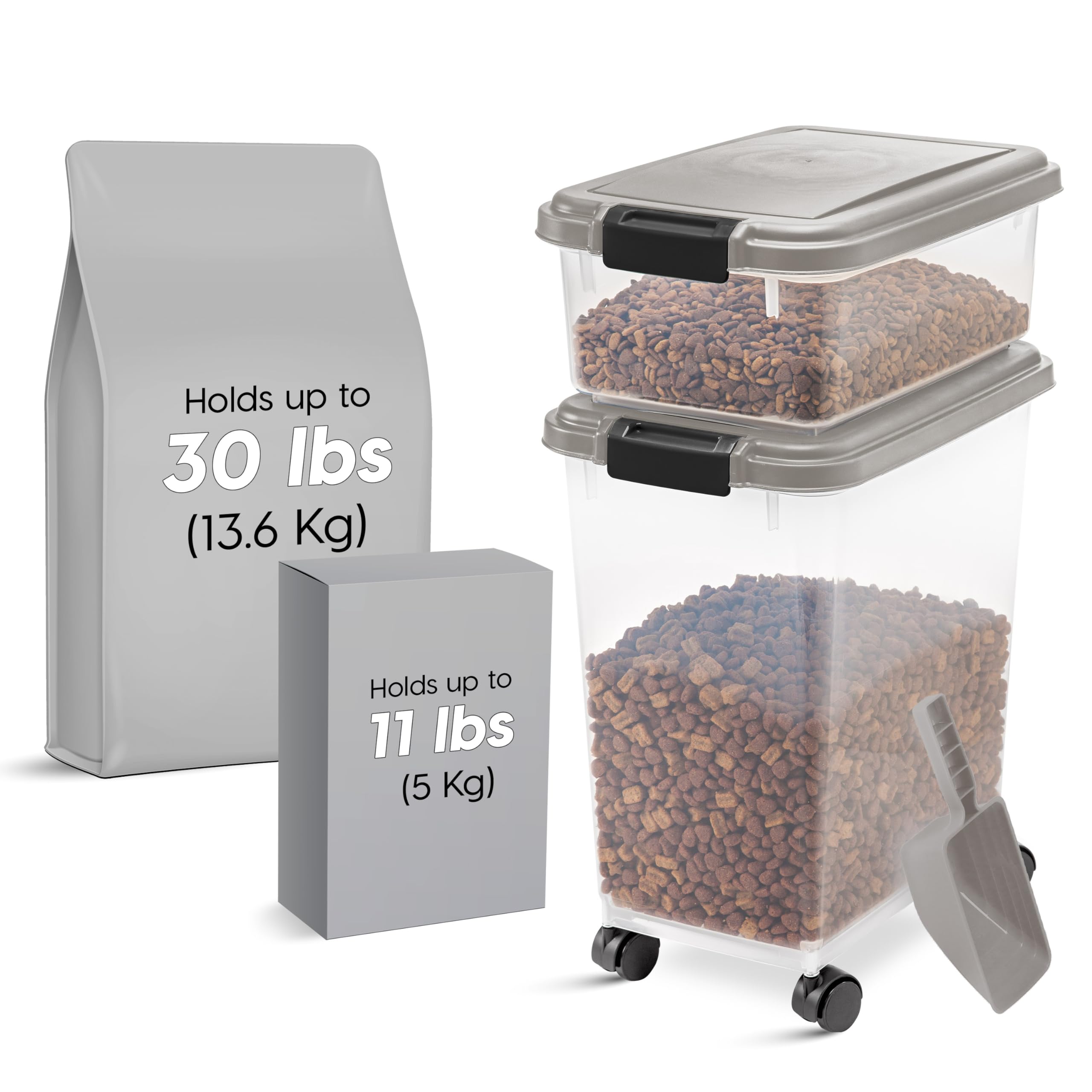 IRIS USA — Contenedor Hermético para Alimento de Perro y Gato, Combo 30 lbs y 11 lbs, Apilable con Ruedas y Taza Medidora de 2 Tazas