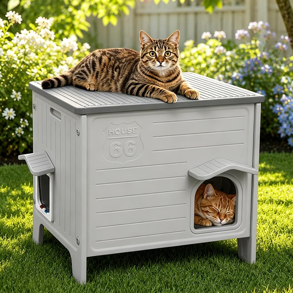 Rockever — Casa Exterior para Gatos con Aislamiento Térmico y Puerta de Escape, Refugio de Plástico para Interior y Exterior