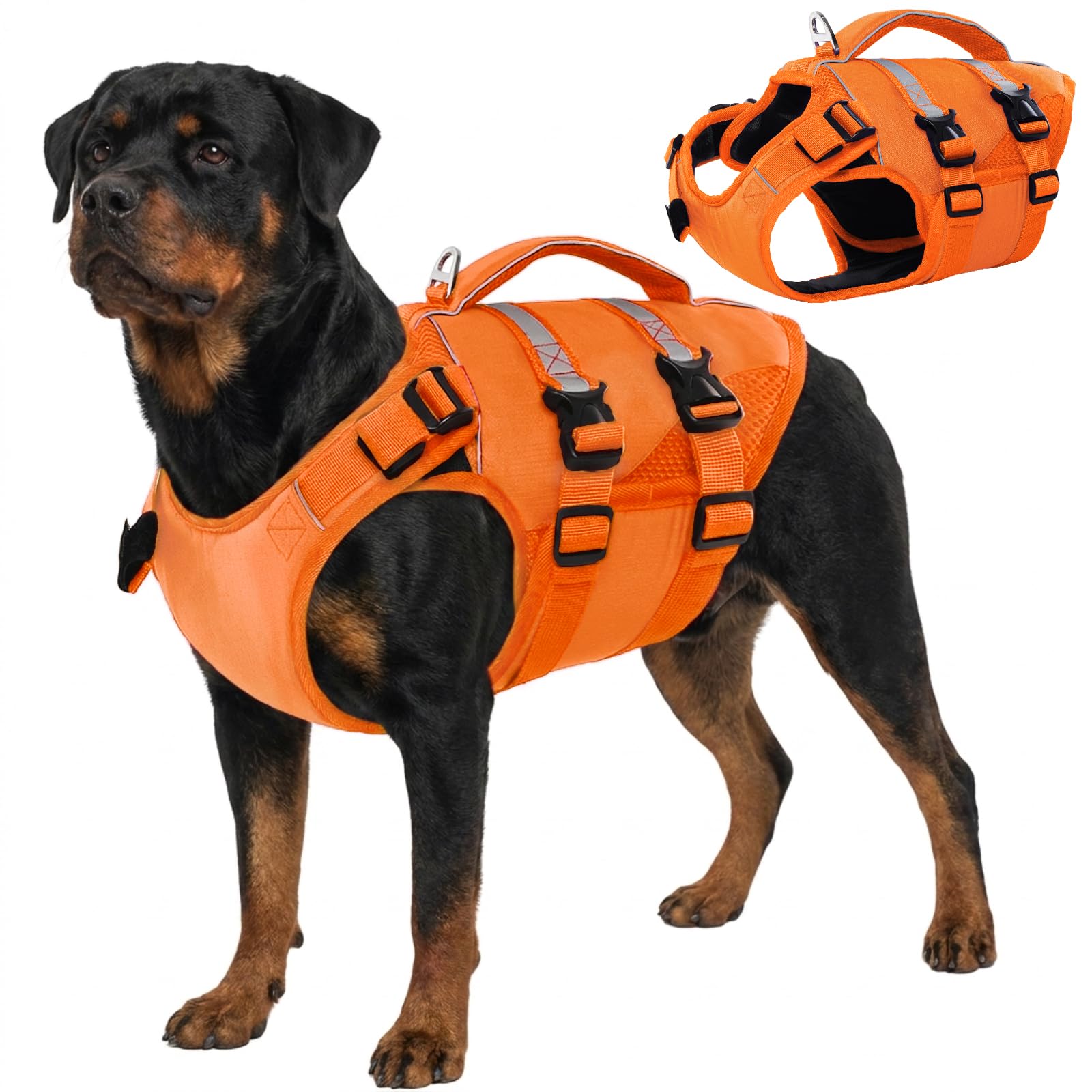 Kuoser — Chaleco Salvavidas con Alta Flotación, Tiras Reflectantes y Asa de Rescate para Perros