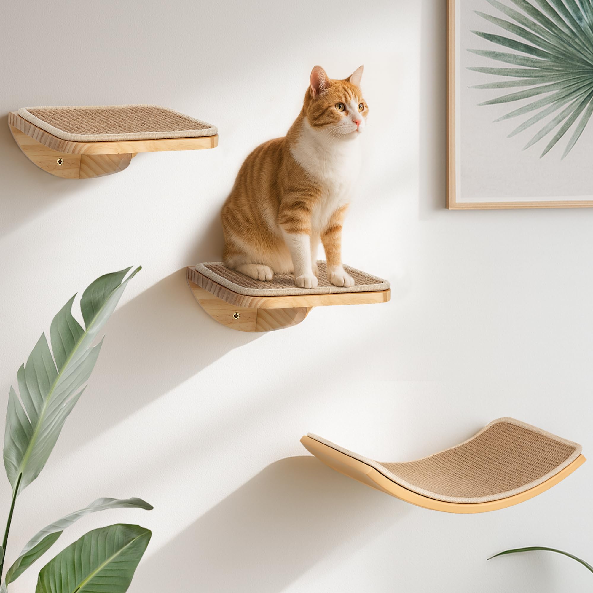 PELUO Curved — Cama Flotante para Gato con 2 Escalones de Pared y Percha de Ventana