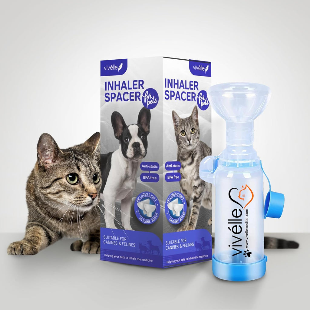 Espaciador Inhalador para Mascotas Vivelle con 2 Mascarillas (Pequeña y Grande) para Gatos y Perros Pequeños — Cámara Antiestática con Indicador de Respiración MedFlow para Inhaladores MDI