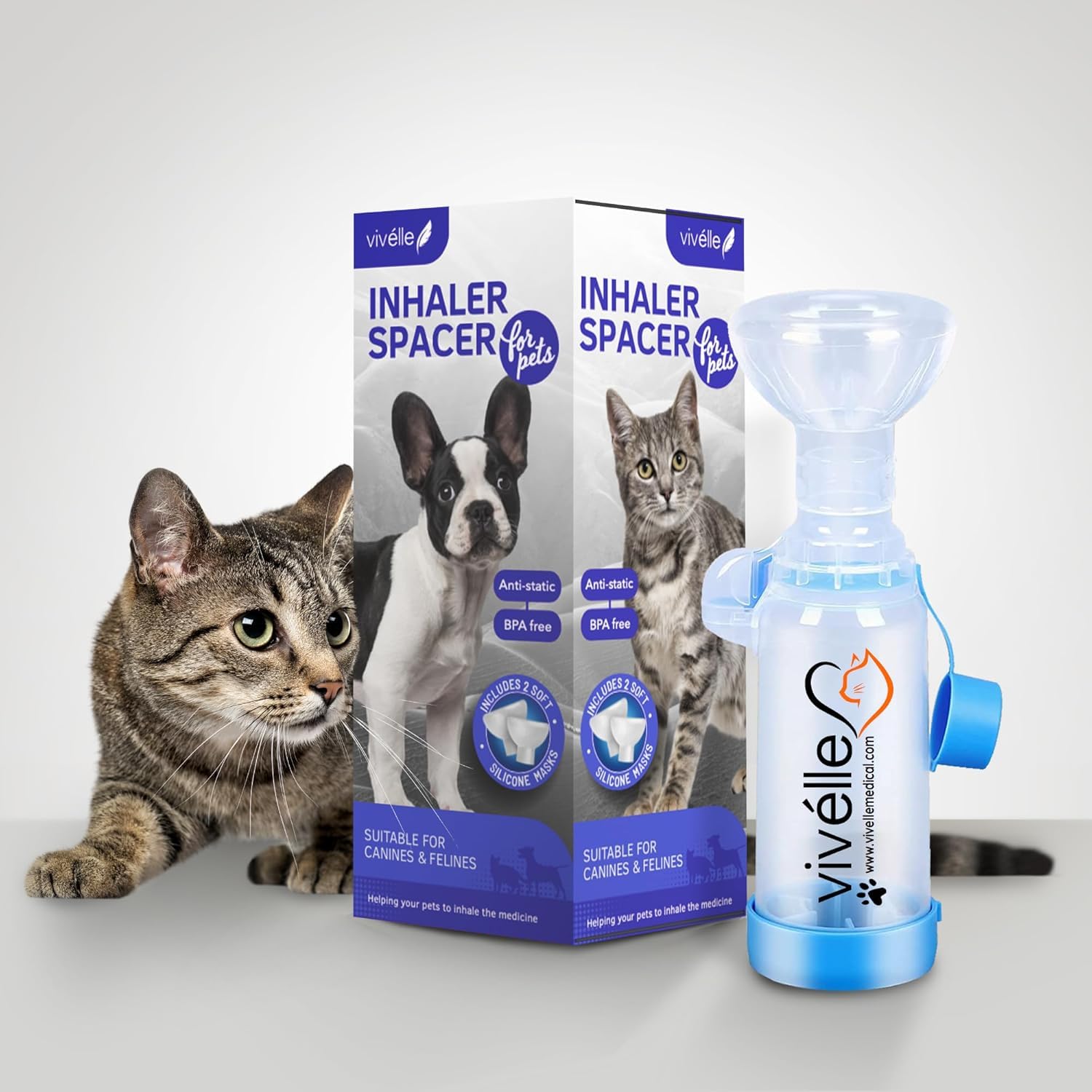 Espaciador Inhalador para Mascotas Vivelle con 2 Mascarillas (Pequeña y Grande) para Gatos y Perros Pequeños — Cámara Antiestática con Indicador de Respiración MedFlow para Inhaladores MDI