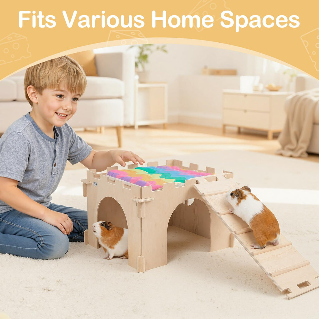 Unicorn Catcher — Casa Castillo de Madera Extra Grande con Escalera y Tapetes para Cobayos y Animales Pequeños