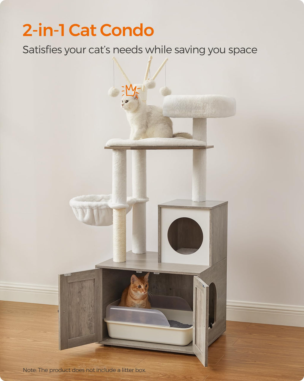 Feandrea Torre Rascador para Gato con Mueble para Arenero Integrado — Centro de Actividades 2 en 1 con Cojines Lavables y Postes de Sisal