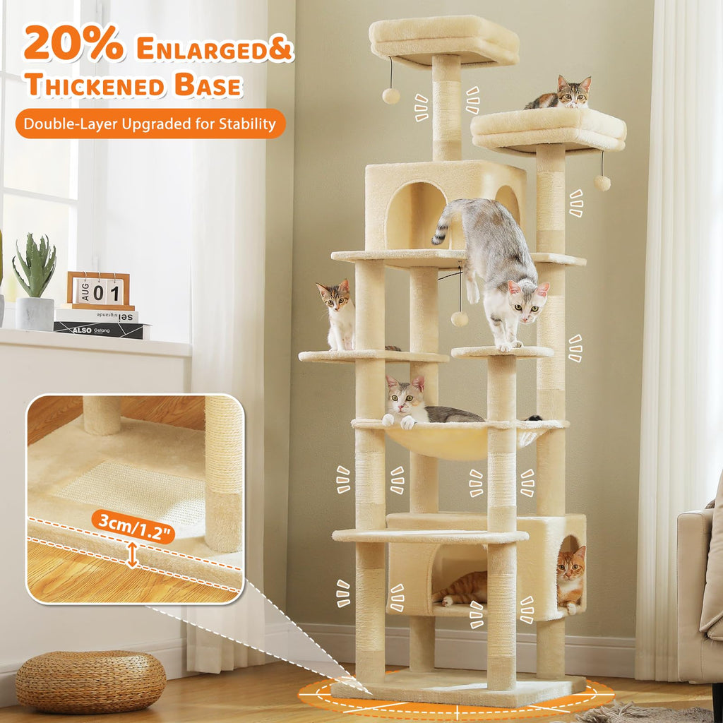 PAWZ Road 72-81 Inches Large Cat Tree, Tall Cat Tower with Large Mental Hammock for Indoor Cats Adults,7 Sisal-Covered Scratching Posts, 2 Padded Perches, Condos, and Basket