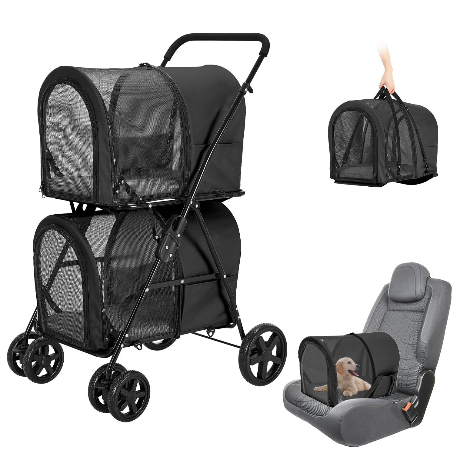 LPOTIUS Carriola Doble para Perros y Gatos con 2 Transportadoras Desmontables — Carreola Plegable con 4 Ruedas para Mascotas Pequeñas y Medianas