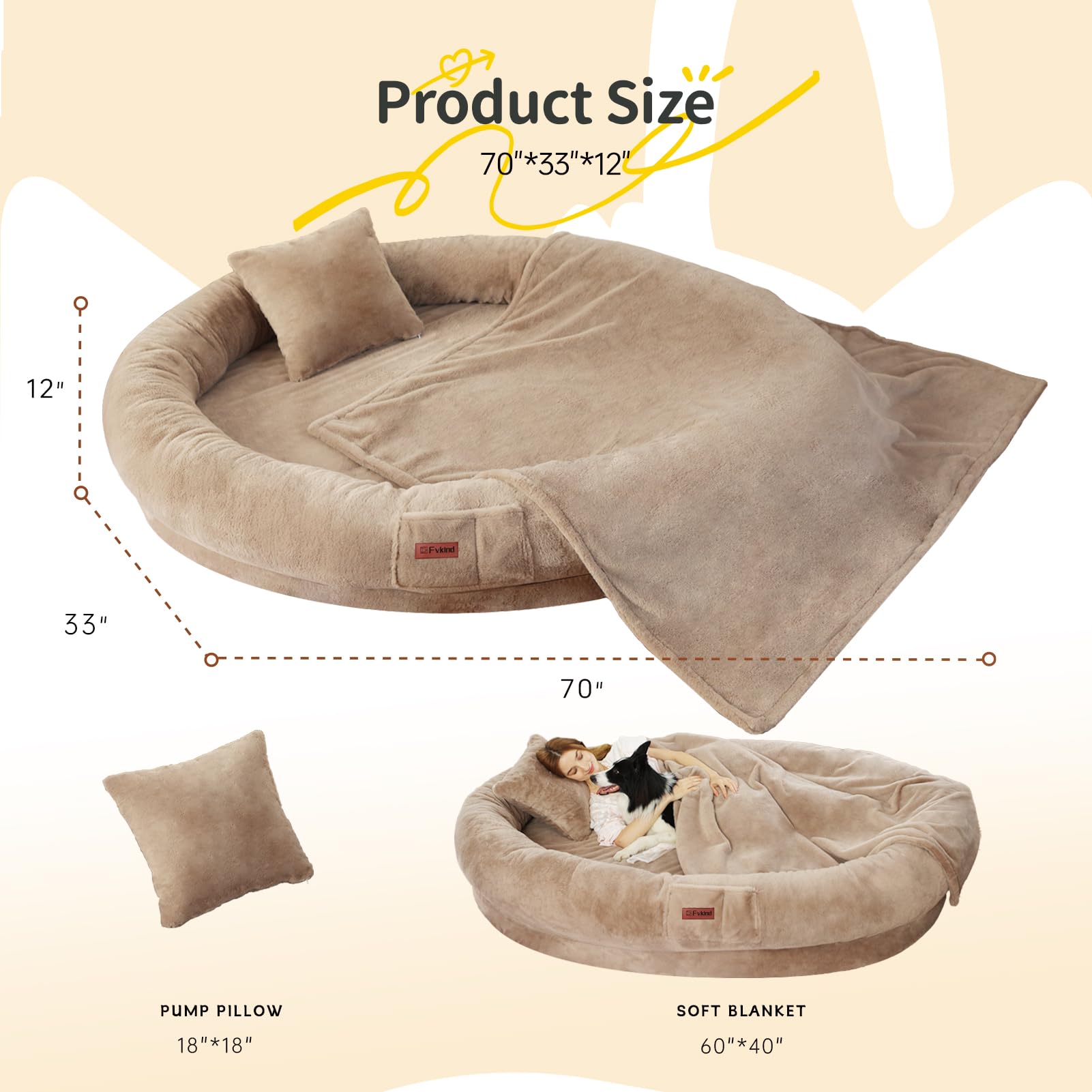 Cama Tamaño Humano para Perros y Adultos con Almohada y Cobija — Felpa Ortopédica Lavable y Removible para Mascotas Grandes