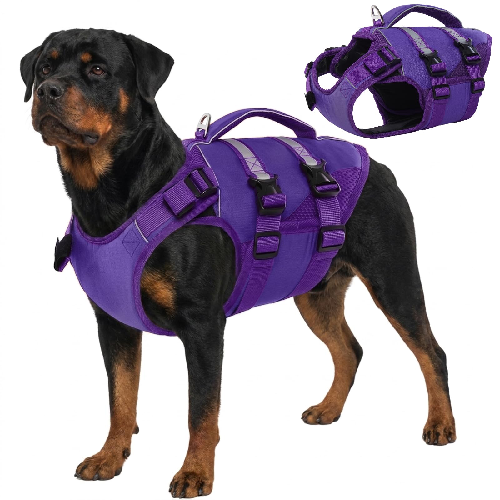 Kuoser — Chaleco Salvavidas con Alta Flotación, Tiras Reflectantes y Asa de Rescate para Perros