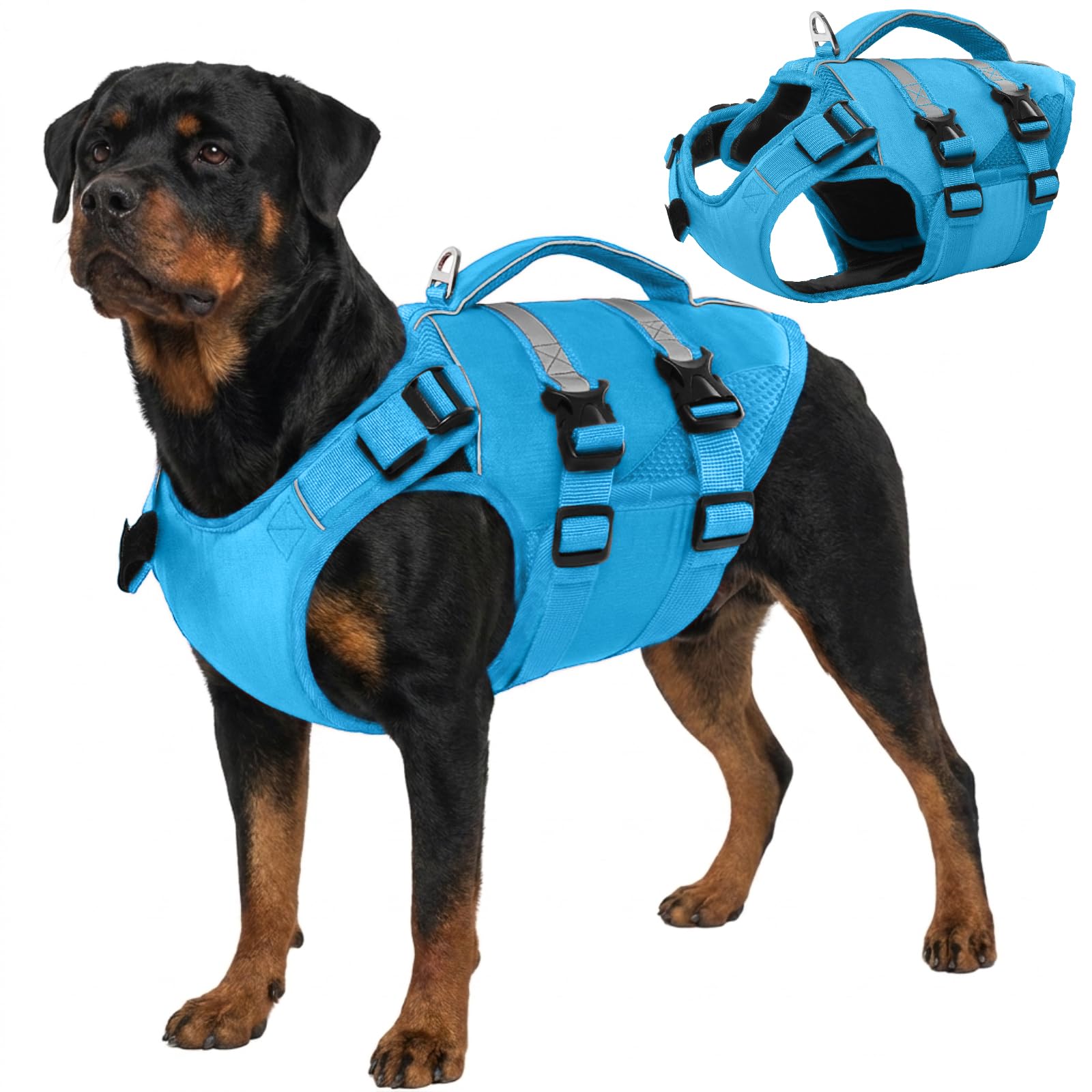 Kuoser — Chaleco Salvavidas con Alta Flotación, Tiras Reflectantes y Asa de Rescate para Perros