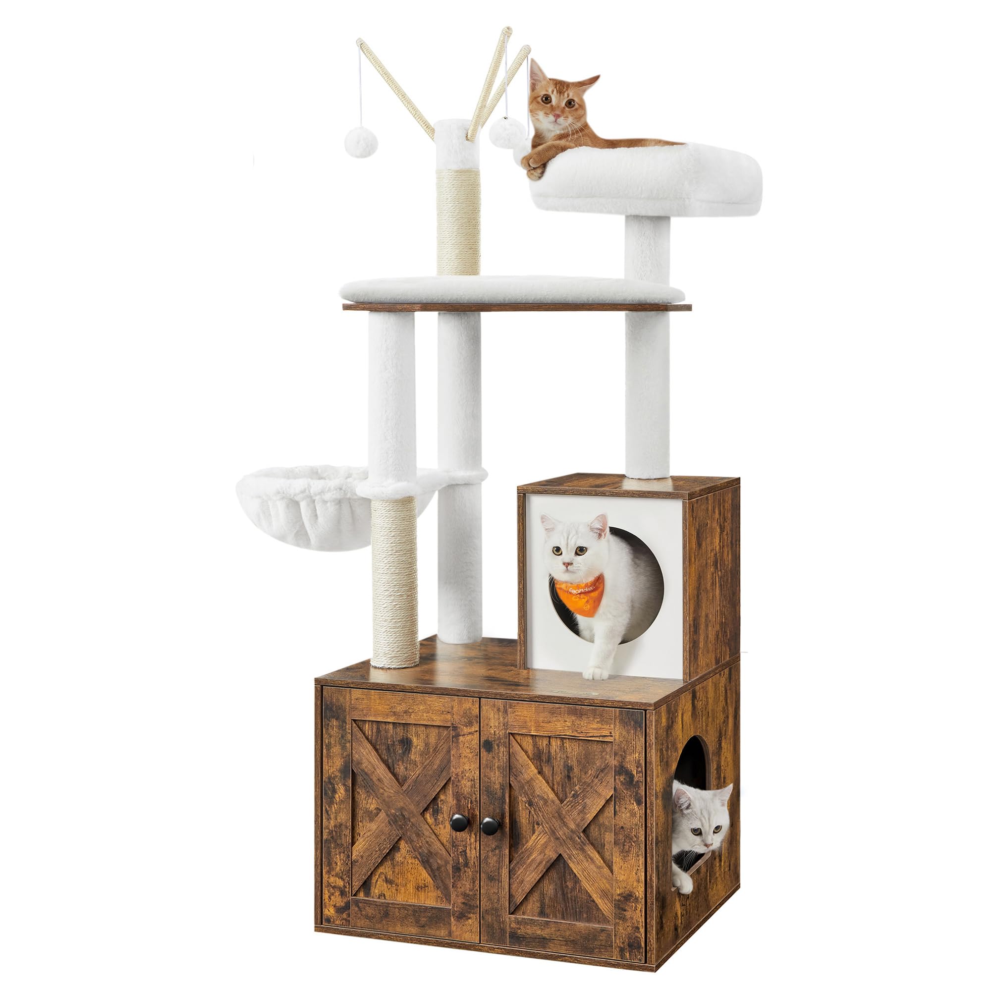 Feandrea Torre Rascador para Gato con Mueble para Arenero Integrado — Centro de Actividades 2 en 1 con Cojines Lavables y Postes de Sisal