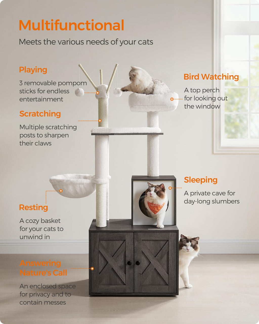 Feandrea Torre Rascador para Gato con Mueble para Arenero Integrado — Centro de Actividades 2 en 1 con Cojines Lavables y Postes de Sisal